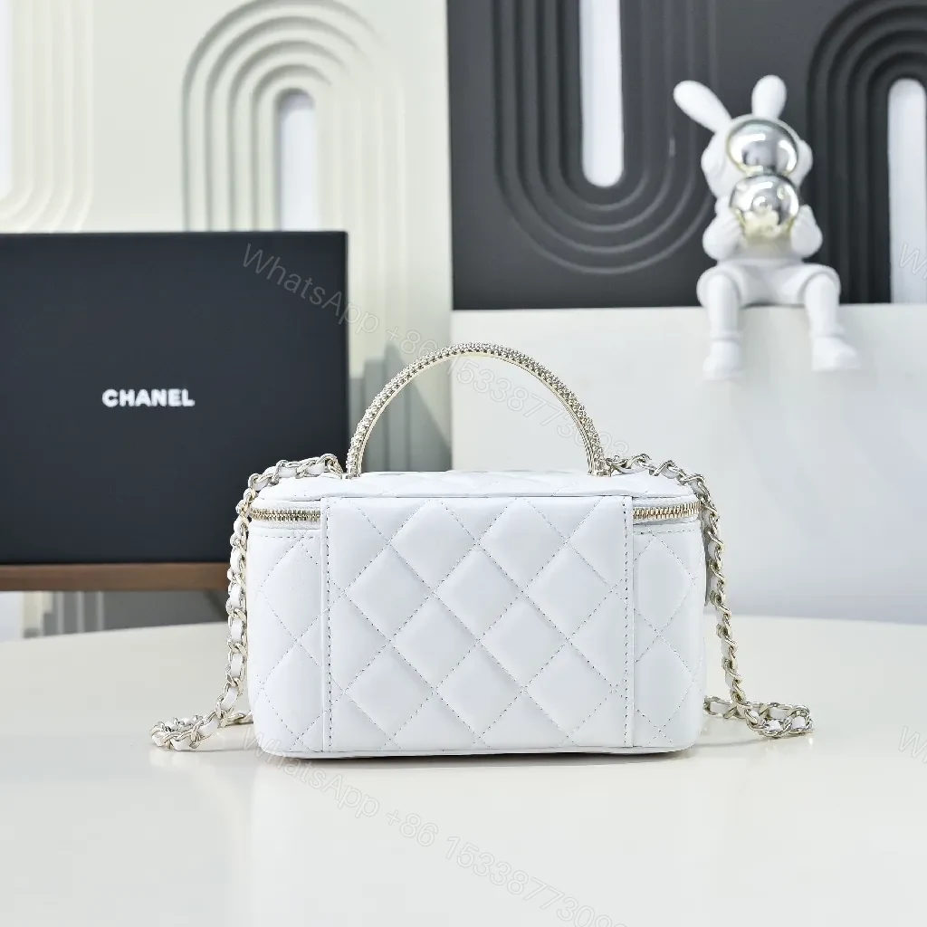 View 3 of Compact White Quilted Crossbody with Silver Chain Emblem