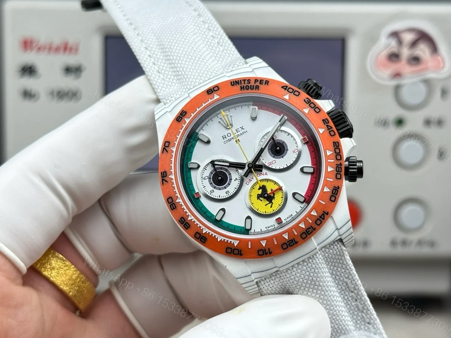 View 2 of Rolex Daytona Carbon Fiber White Replica 40MM Exclusive Orange Bezel White Fabric Strap R74 RG-ROLEX-DAYTONA-WHITE-DIAL