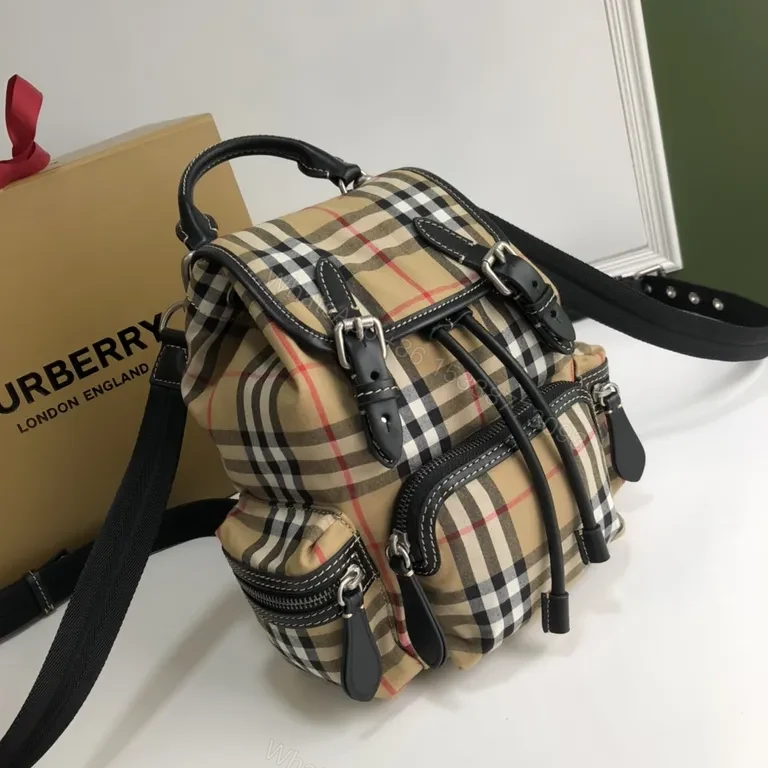 View 5 of Burberry-Inspired Plaid Compact Backpack with Leather Trim