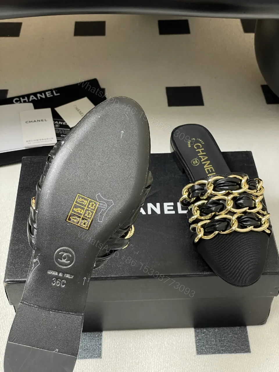 View 9 of Black Satin Mules with Gold Chain Detail - Opulent Everyday Style
