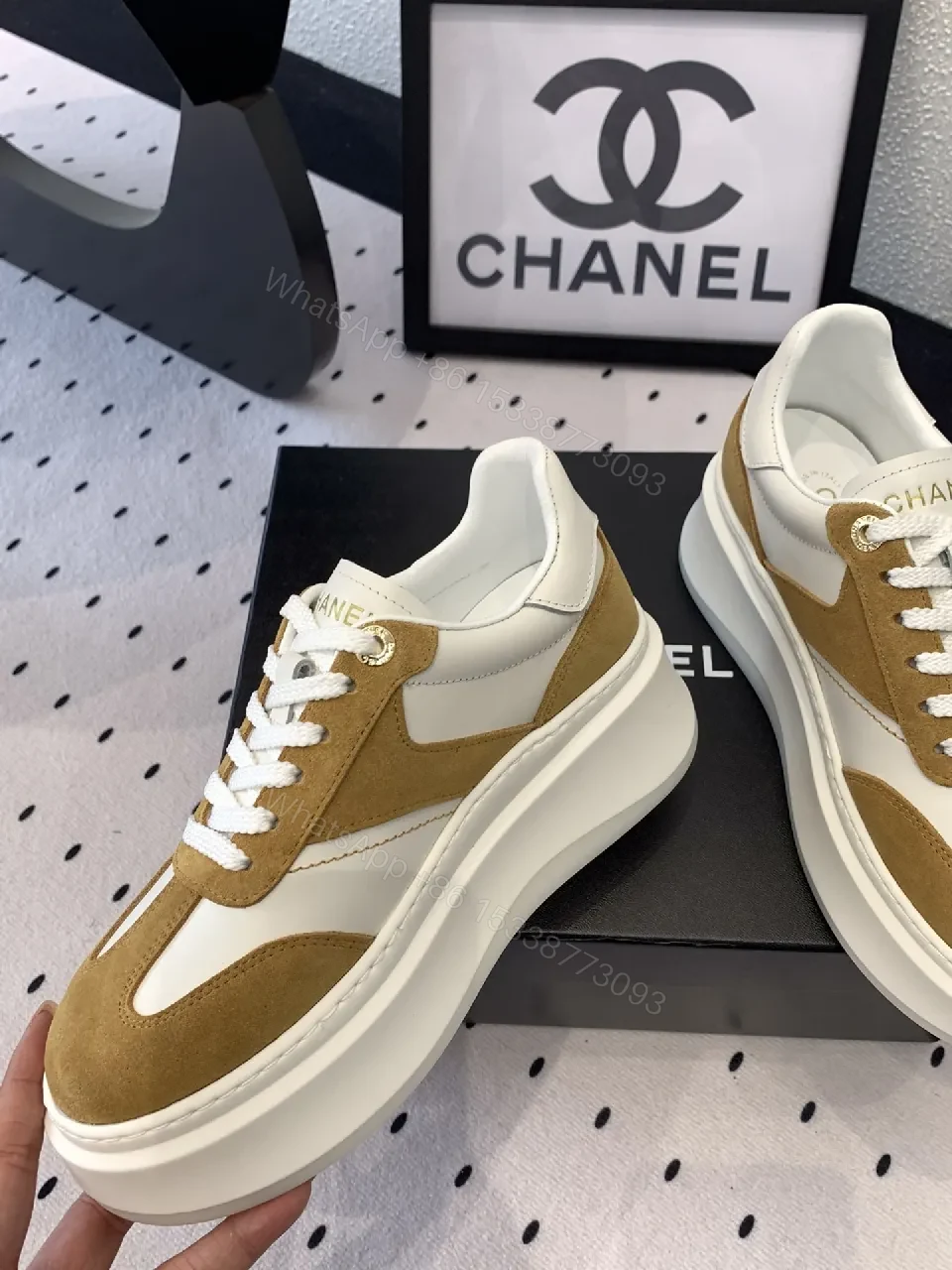 View 8 of Camel Suede & White Leather Chunky-Sole Sneaker: Modern Luxe Style