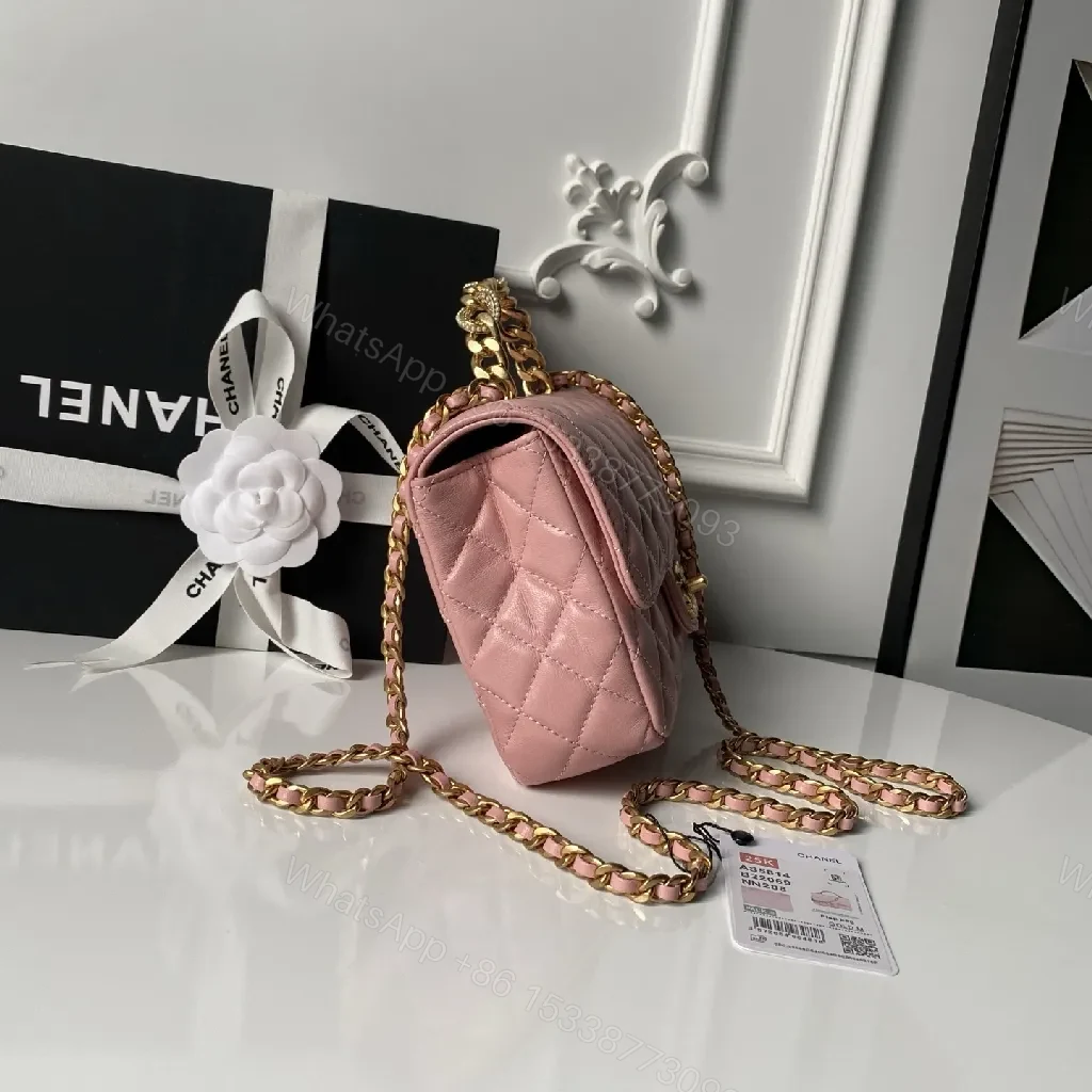 View 3 of Pink Quilted Flap Bag with Gold Chain - Luxury Crossbody Bag