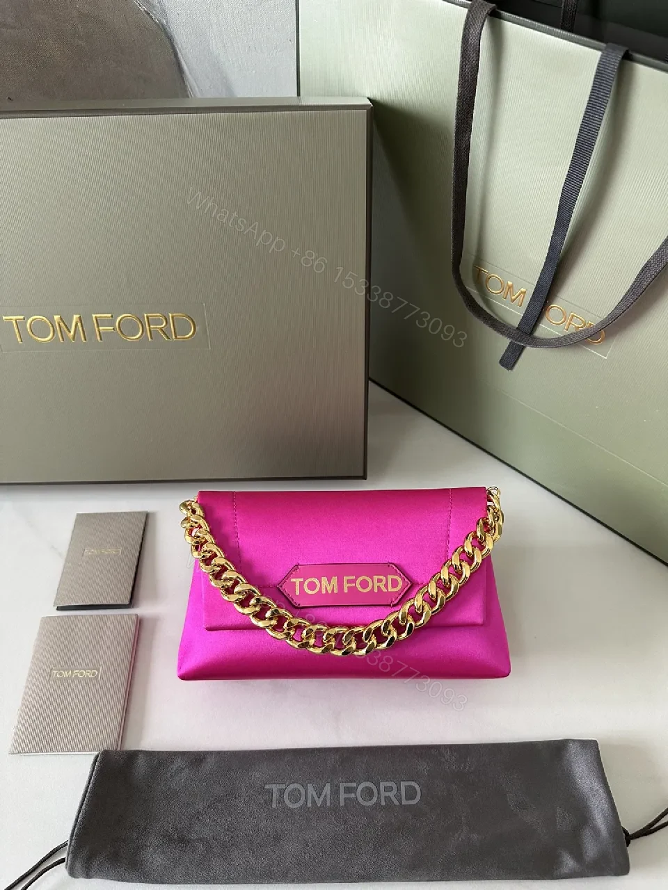 View 5 of Pink Leather Clutch + Gold Chain + Luxury Modern + Bold Statement + Clutch
