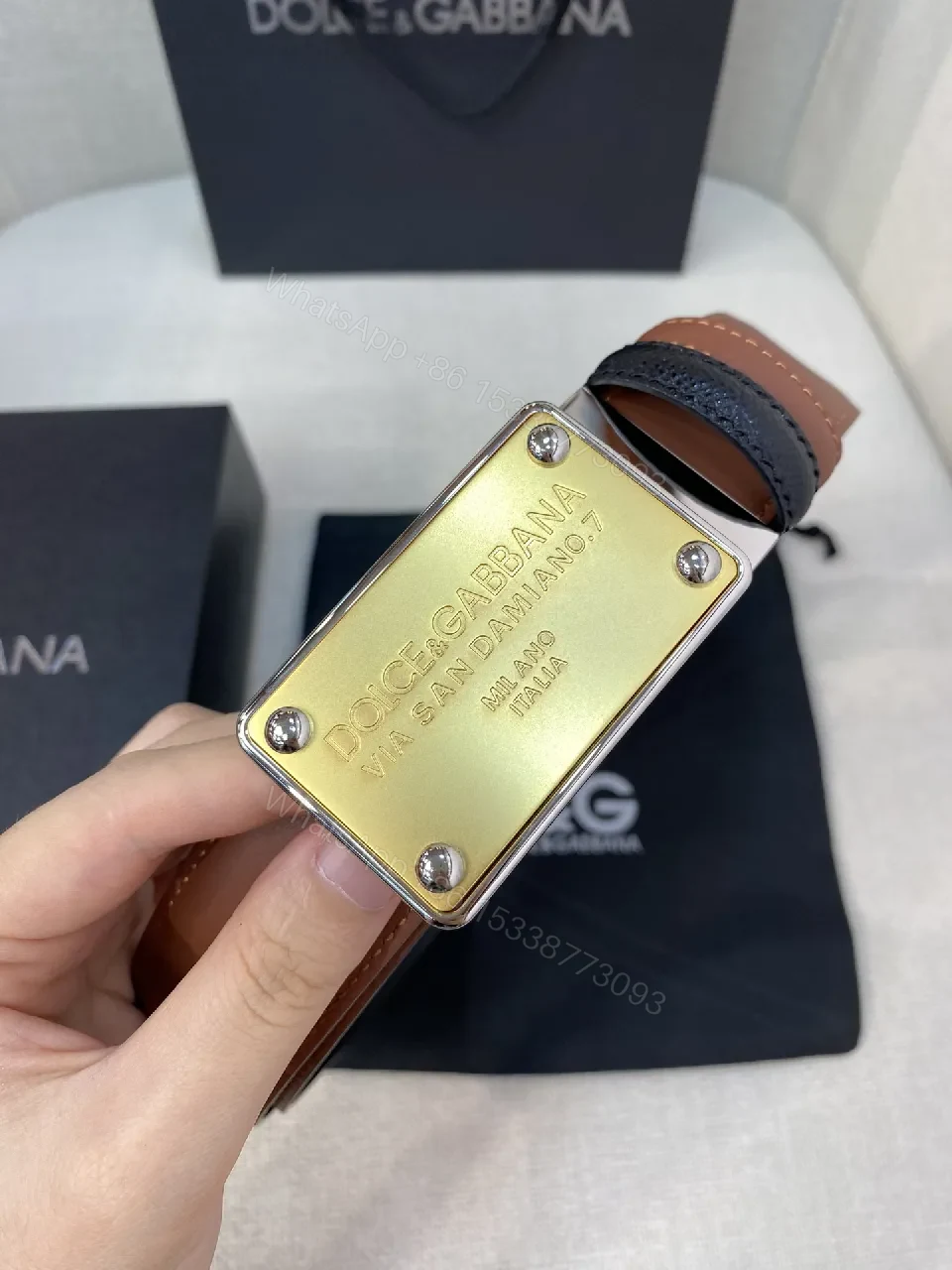 View 3 of Slim Leather Belt with Gold Plate Buckle - Luxury Everyday Accessory
