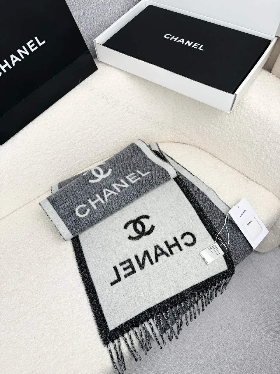 View 5 of Neutral Knit Throw: Luxe, Chanel-Inspired Comfort, Fringed Edge