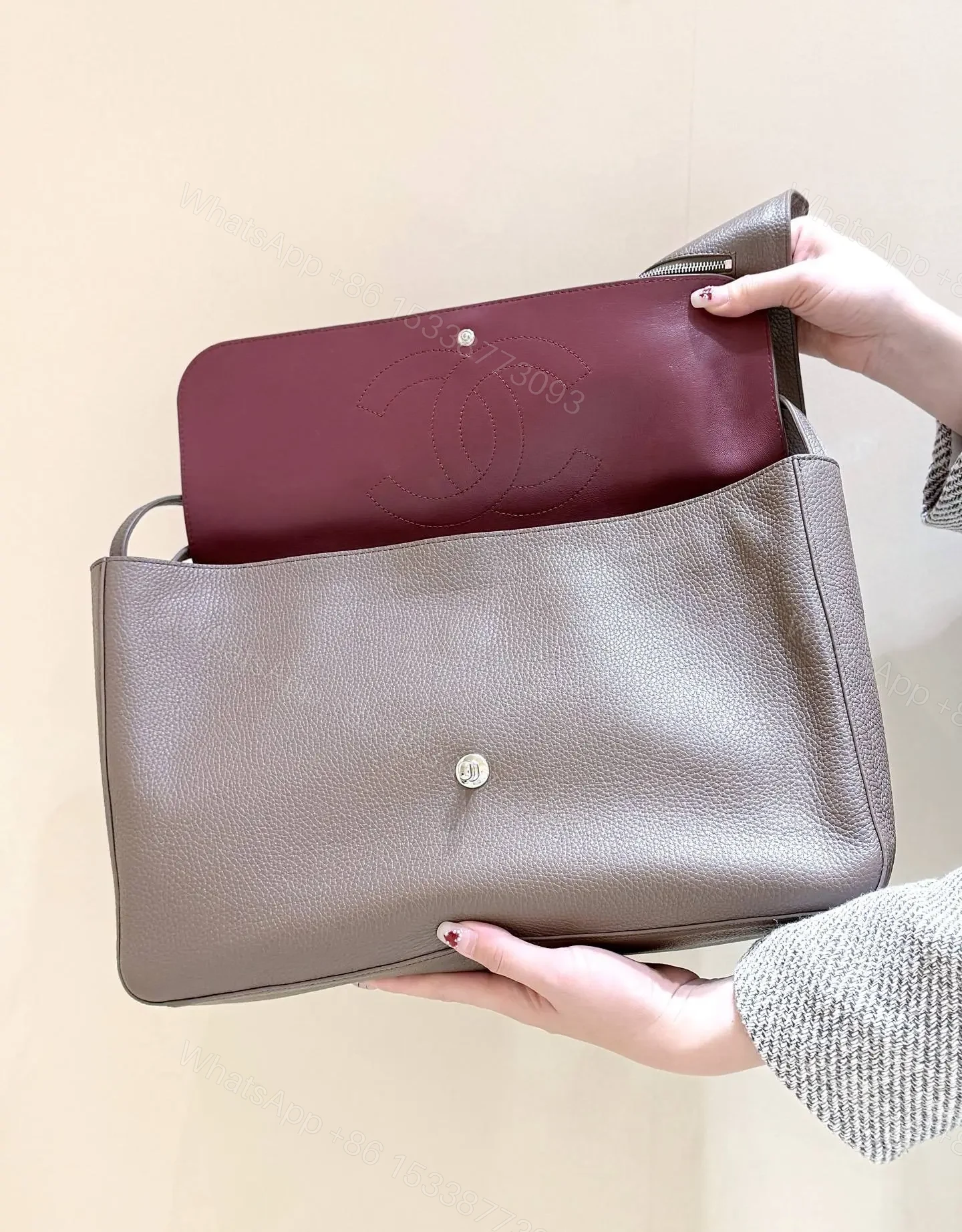 View 6 of Chanel Maxi Flap bag in Taupe Grained Calfskin SS26 Collection