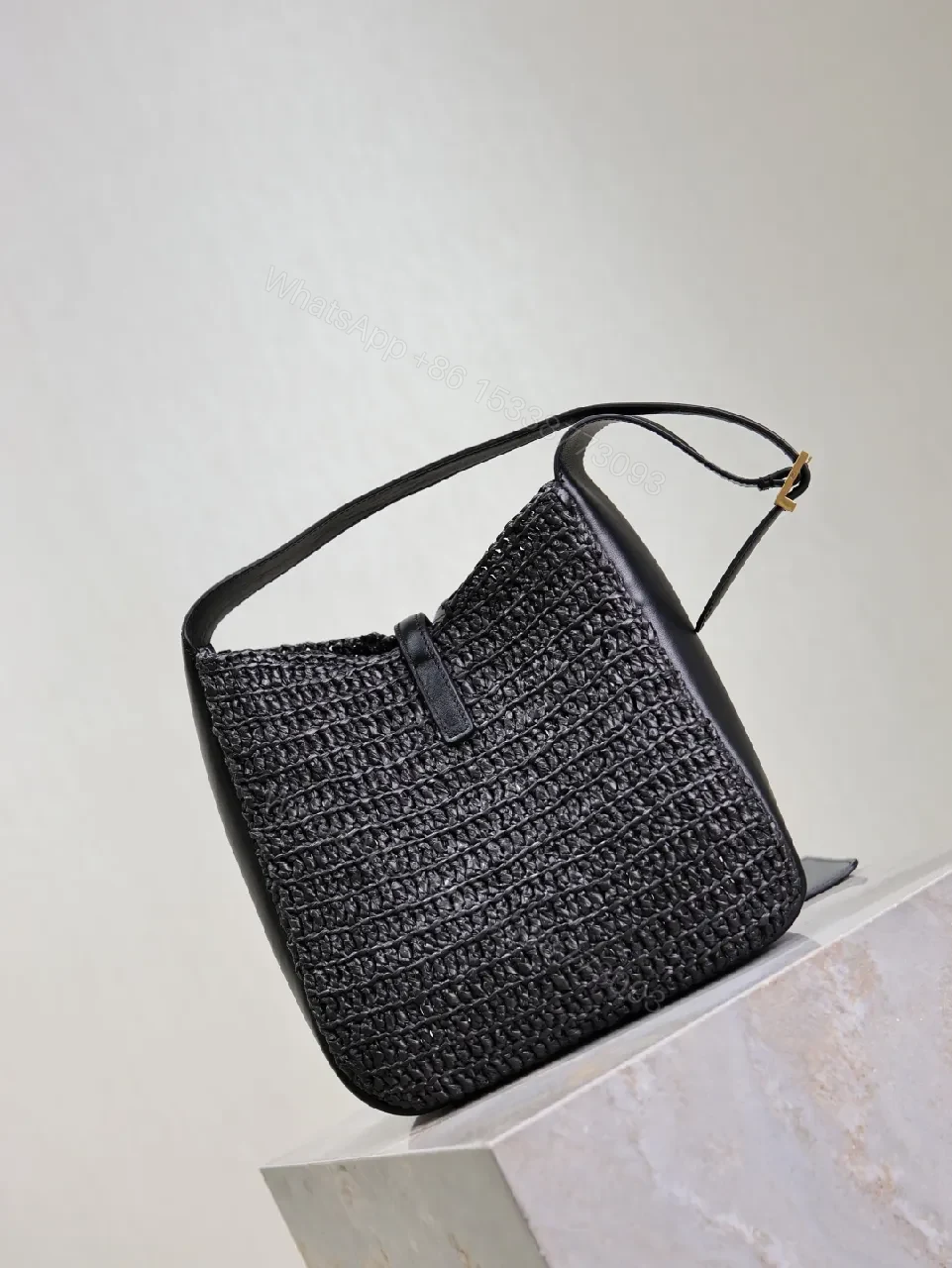 View 2 of Compact Woven Leather Hobo with Chain-Accent Black Leather Bag