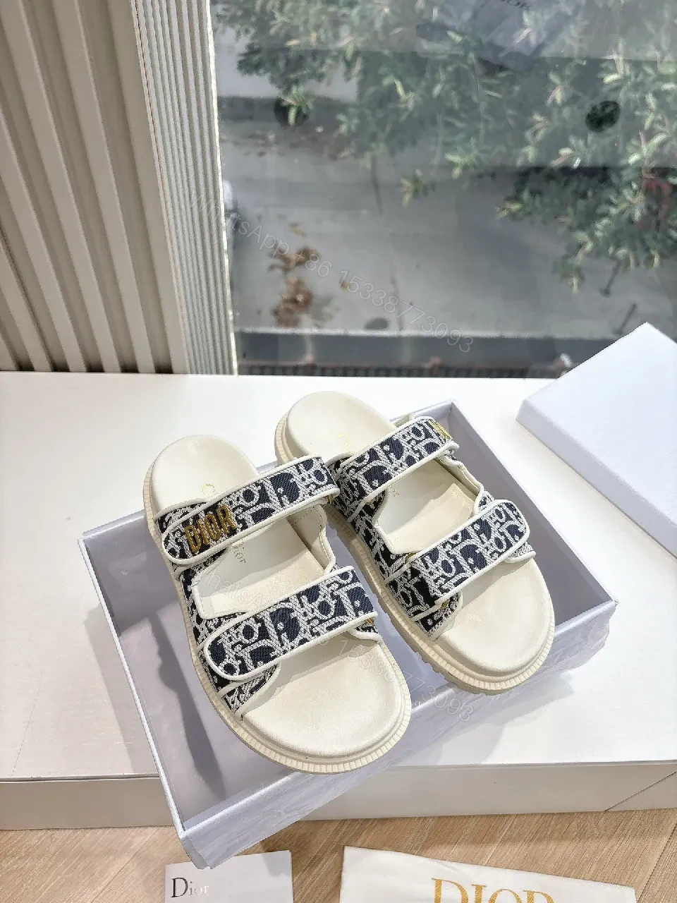 Navy Ivory Patterned Platform Sandals with Logo Straps — view 1