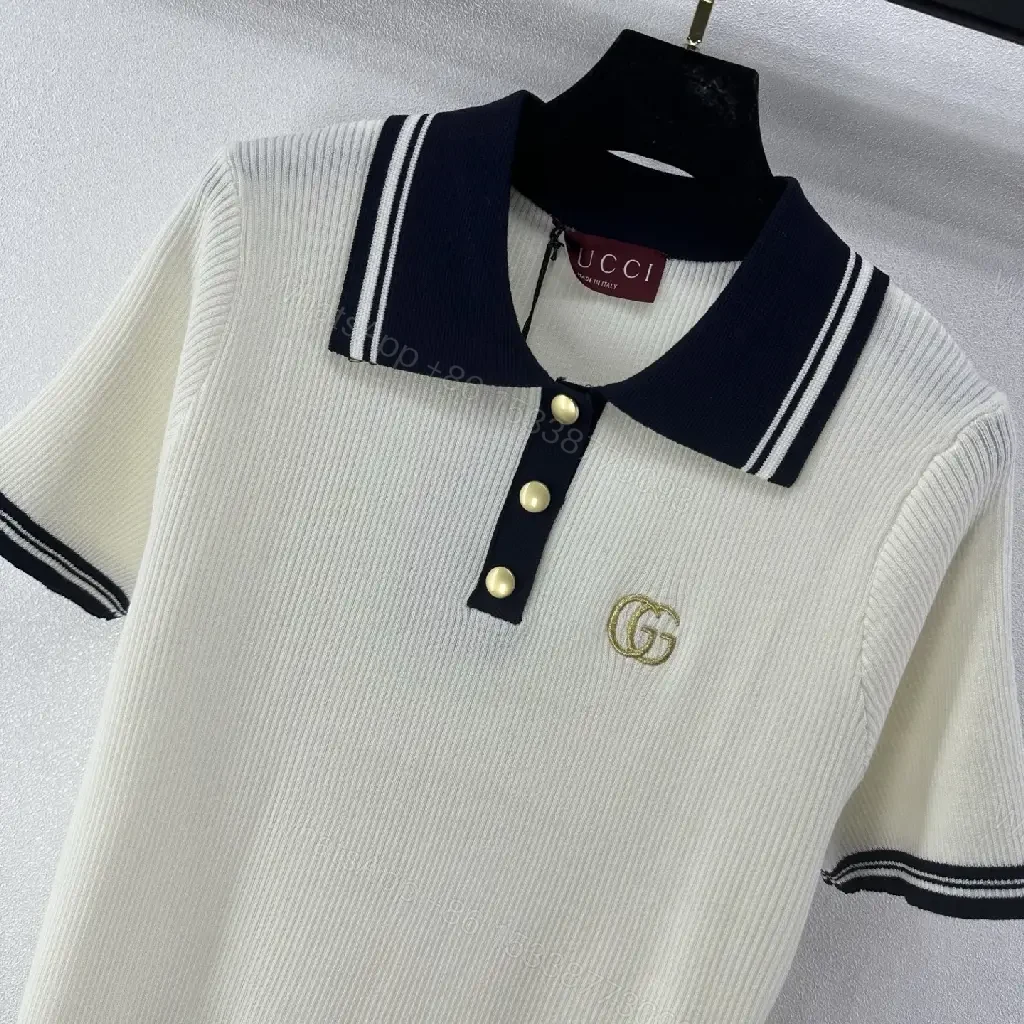 View 8 of Cream/Navy Ribbed Polo Shirt with Gold Accents