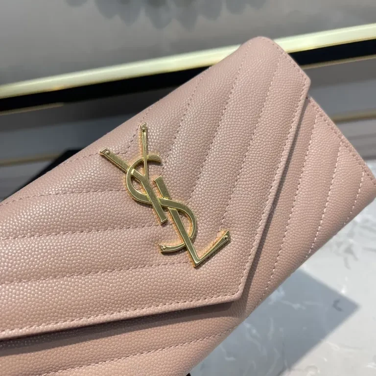View 6 of Soft Pink Quilted Wallet with Gold YSL Logo | Compact Luxury Wallet