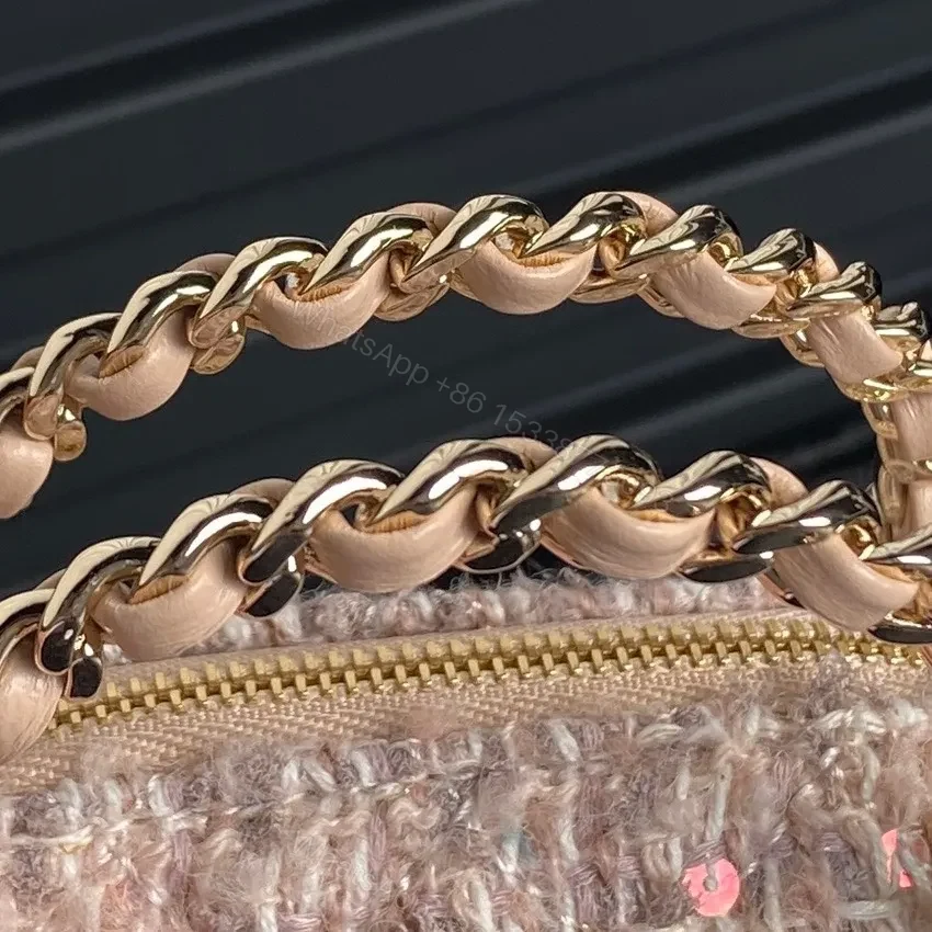 View 3 of Chanel 24B Cc Quilted Chain Top Handle Pink Tweed / Sequin