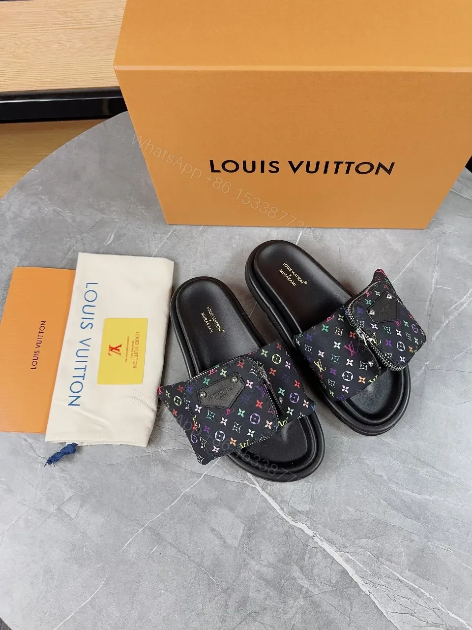 View 3 of Multicolor LV-Inspired Slide Sandals with Cushioned Footbed