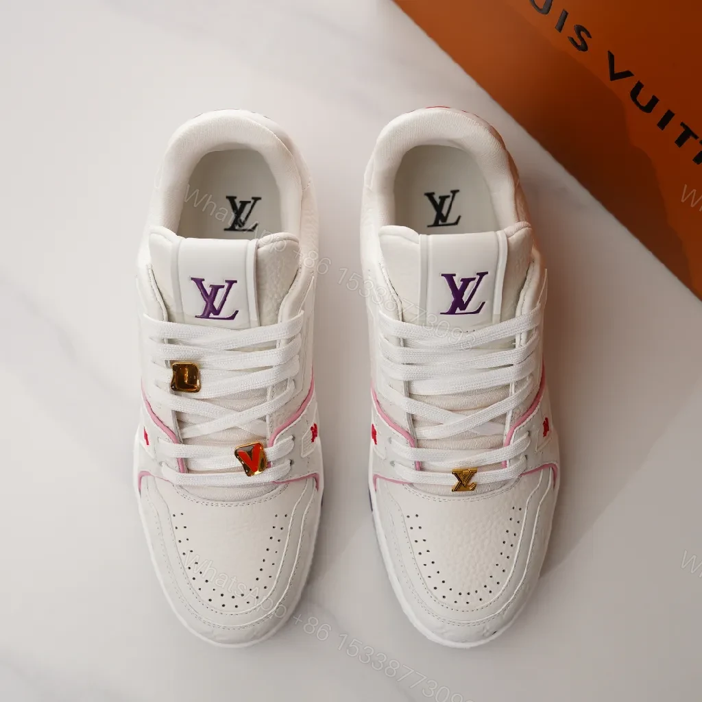 View 7 of White Leather Low-Top Sneakers with Subtle LV Details