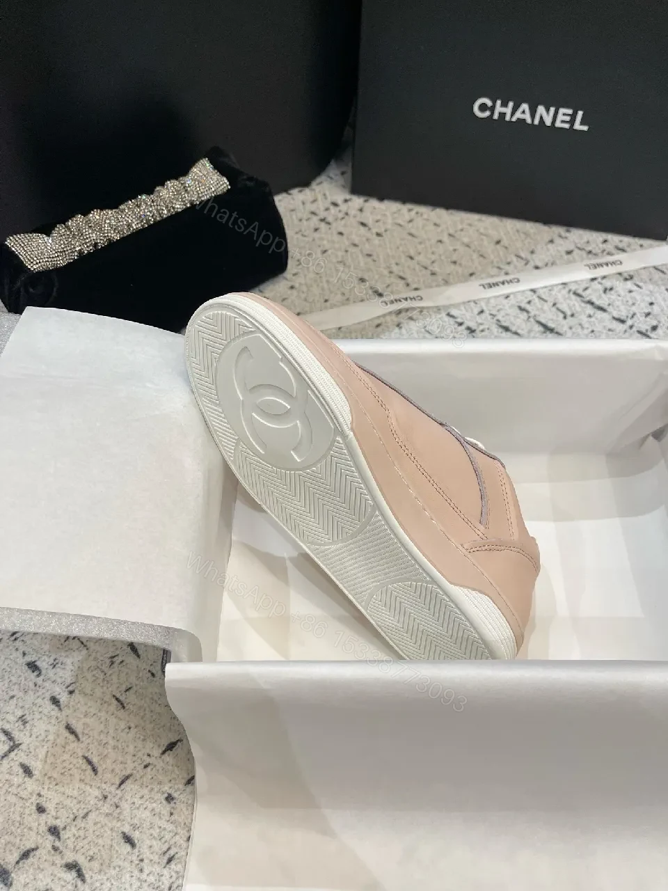 View 7 of Blush Leather High-Top Sneakers: Subtle Logo Comfort