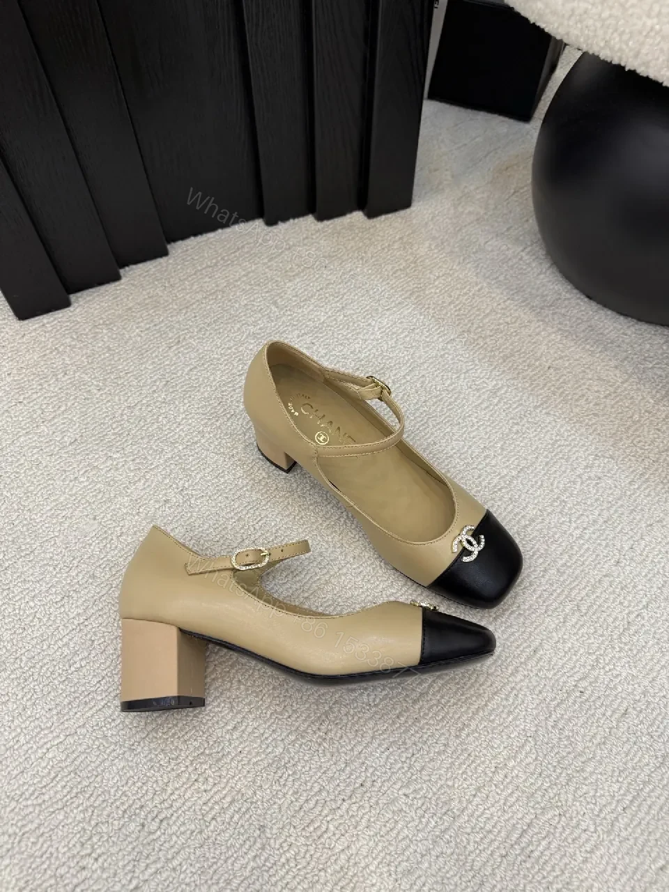 View 2 of Two-Tone Leather Midi Heel Pumps with Cap Toe Shine