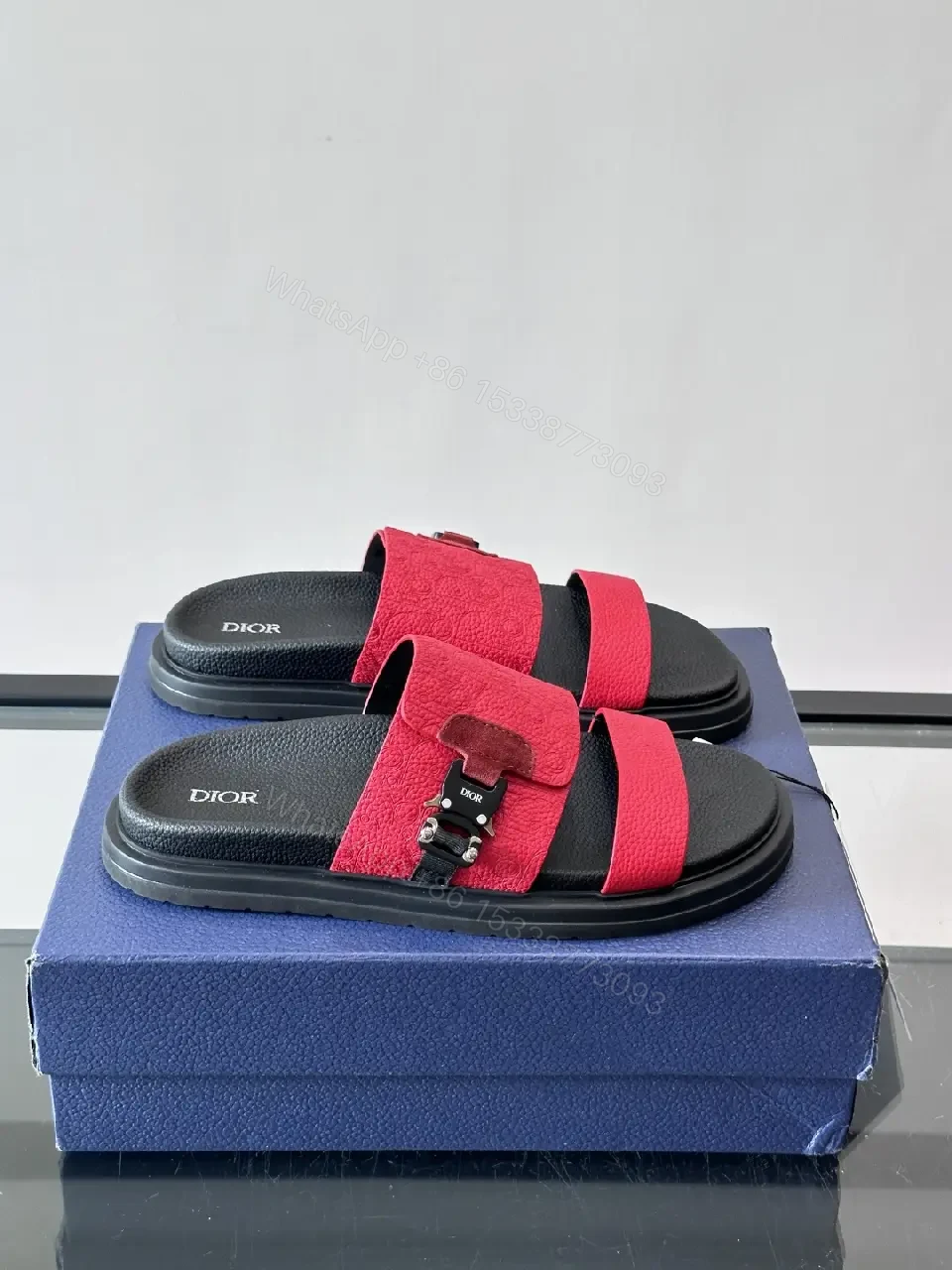 View 6 of Red Suede Leather Style Buckle Accent Dior Slides