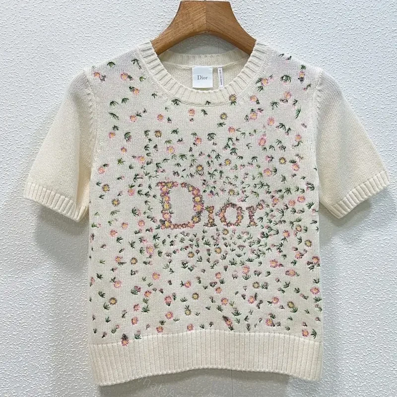 Ivory Cotton Knit Tee + Floral Embroidered Luxe Style + Lightweight Comfort tee — view 1