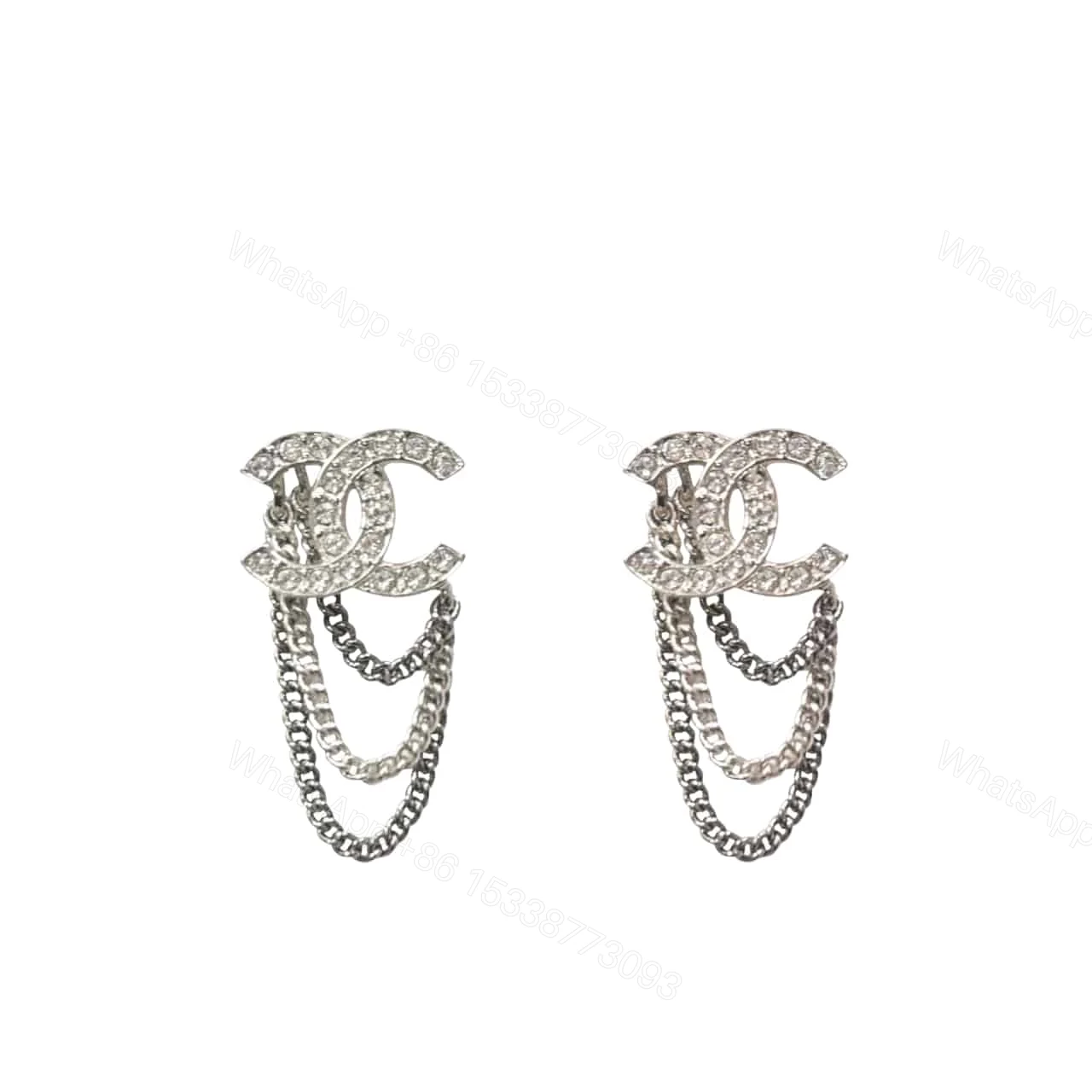 CHANEL STUD EARRINGS WITH CRYSTAL AND MULTI CHAIN IN SILVER TONE — view 1