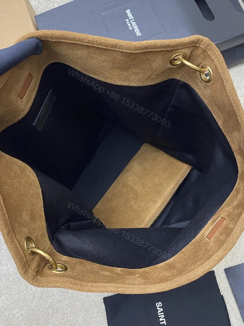 View 2 of Soft Suede Hobo Bag with Adjustable Strap, Tan Caramel, Luxury Style, YSL-inspired Gold Hardware, Bag