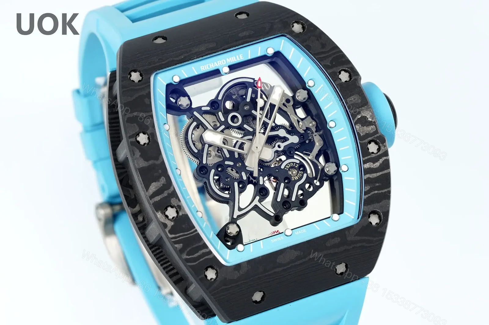 View 2 of Replica Richard Mille RM 55 Swiss Movement Super Clone Carbon Case Blue Rubber Strap