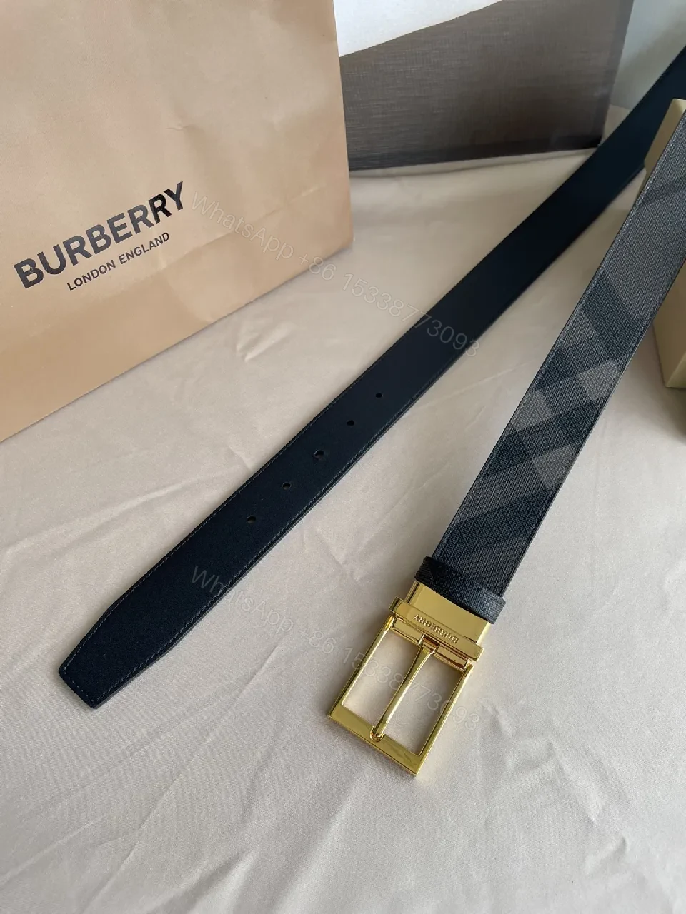 View 3 of Patterned Luxury Belt: Checkerboard, Gold Buckle, Leather Waistwear
