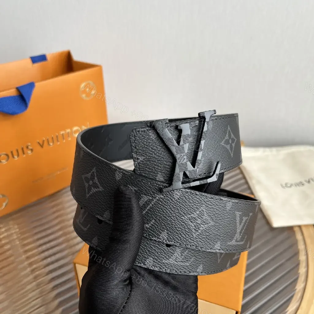 View 3 of Black Leather Belt Modern Slick LV Monogram Buckle Belt