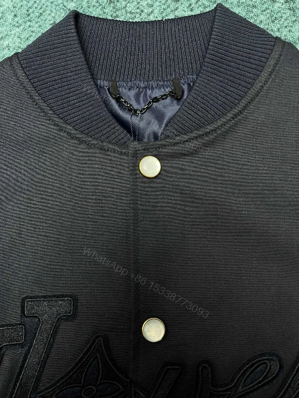 View 3 of Black Embroidered Satin-Texture Varsity Jacket, Luxe Streetwear