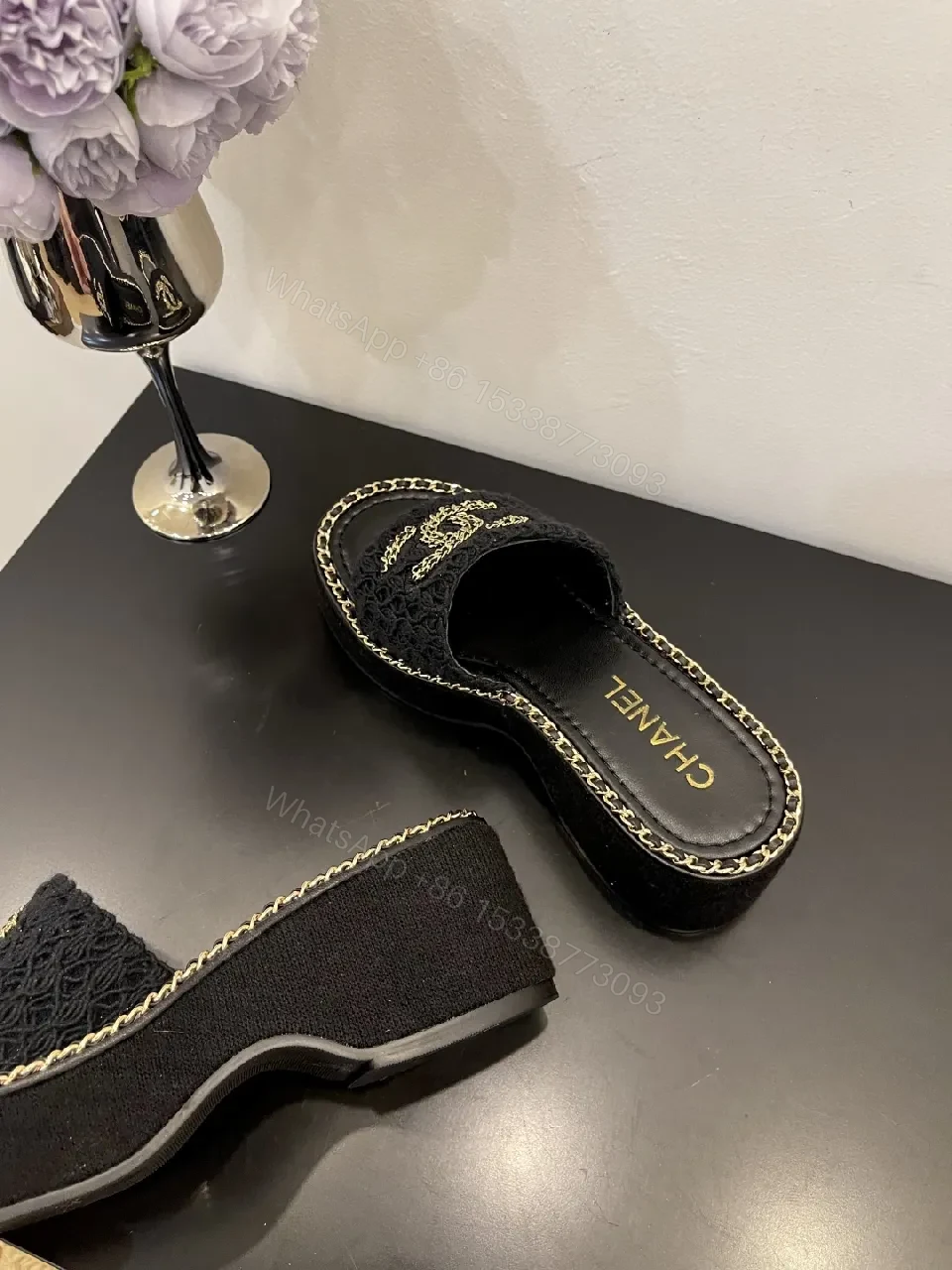 View 2 of Lux Knit Slides with Signature Chain Detailing