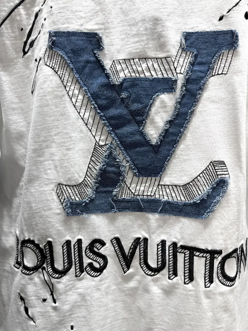 View 4 of White Distressed Tee with LV-Inspired Patch, Short Sleeve, Premium Cotton Blend