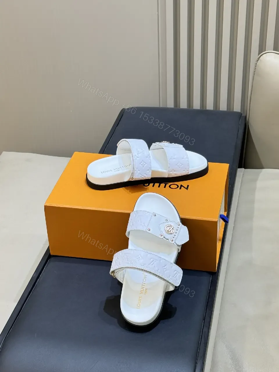 View 5 of White Leather Sandals Velcro Straps Minimalist Louis Vuitton Monogram Sandals