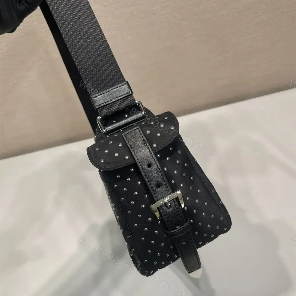 View 7 of 高仿Prada*RE-Nylon系列1BC236鉚釘斜挎包黑色免檢版