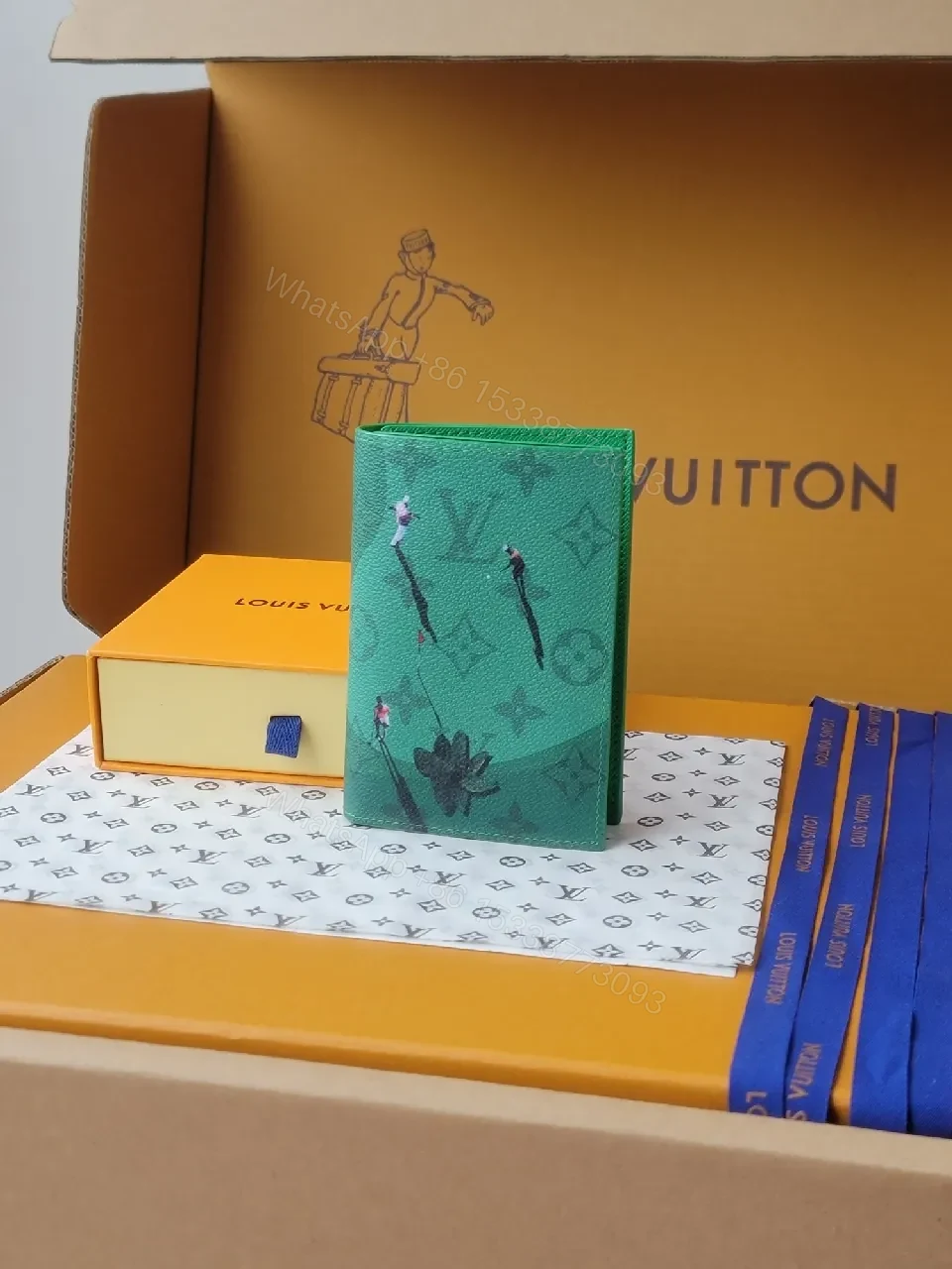 Green Coated Canvas Card Holder with LV-Inspired Print — view 1