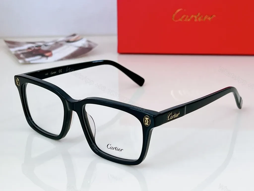 View 8 of Black Acetate Cartier-Inspired Eyeglasses â€“ Oversized, Gold-Logo, Luxury Frames