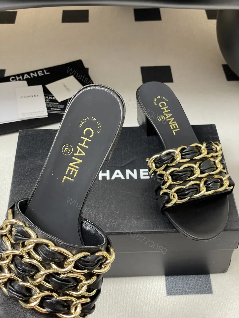 View 5 of Black Leather Chain-Detail Mules, Open-Toe, Low Block Heel