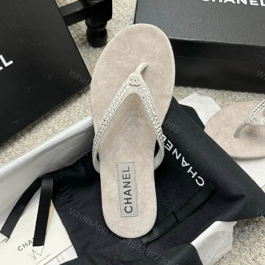 View 9 of Sand Beige Crystal-Embellished Chanel-Style Flip-Flops - All-Day Glam