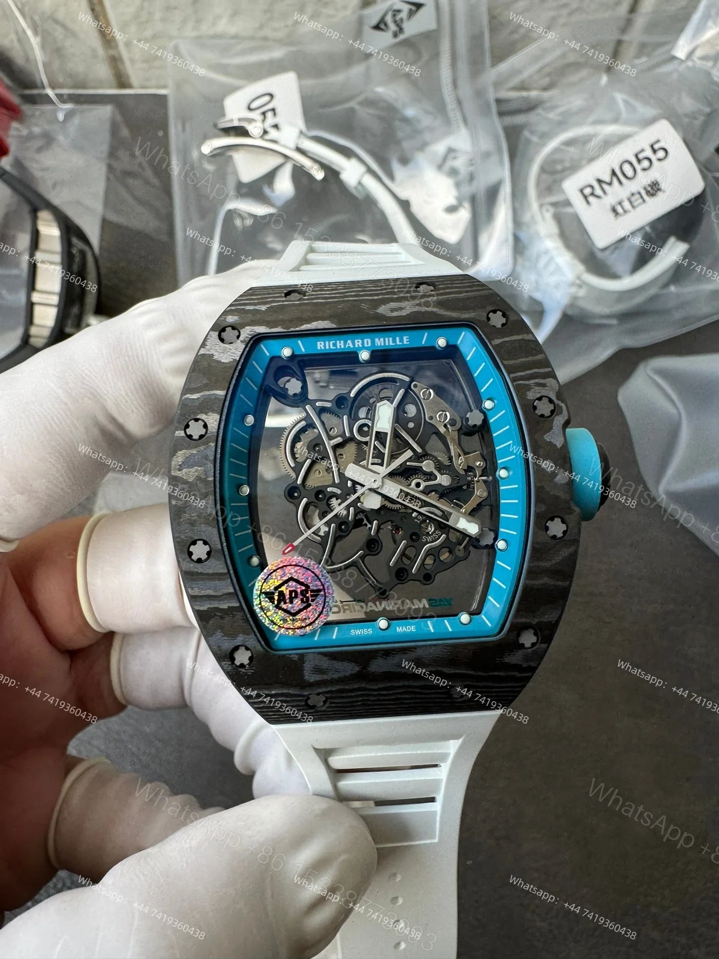 Super Clone Richard Mille RM 055 Carbon TPT Blue Inner Bezel White Rubber Strap 1:1 Replica Watch — view 1
