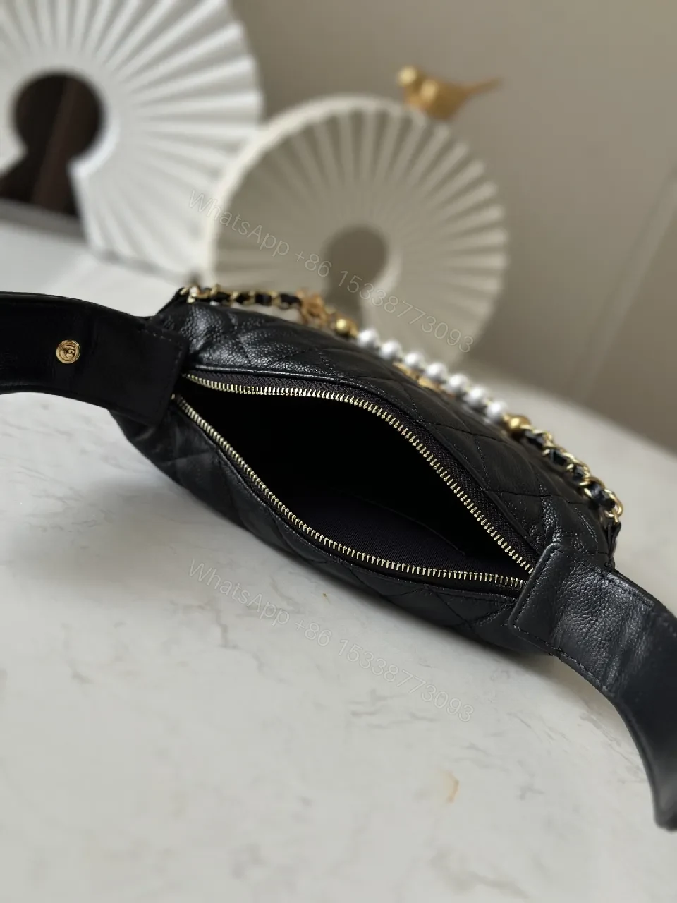 View 8 of Quilted Black Shoulder Bag with Pearl Chain Detail