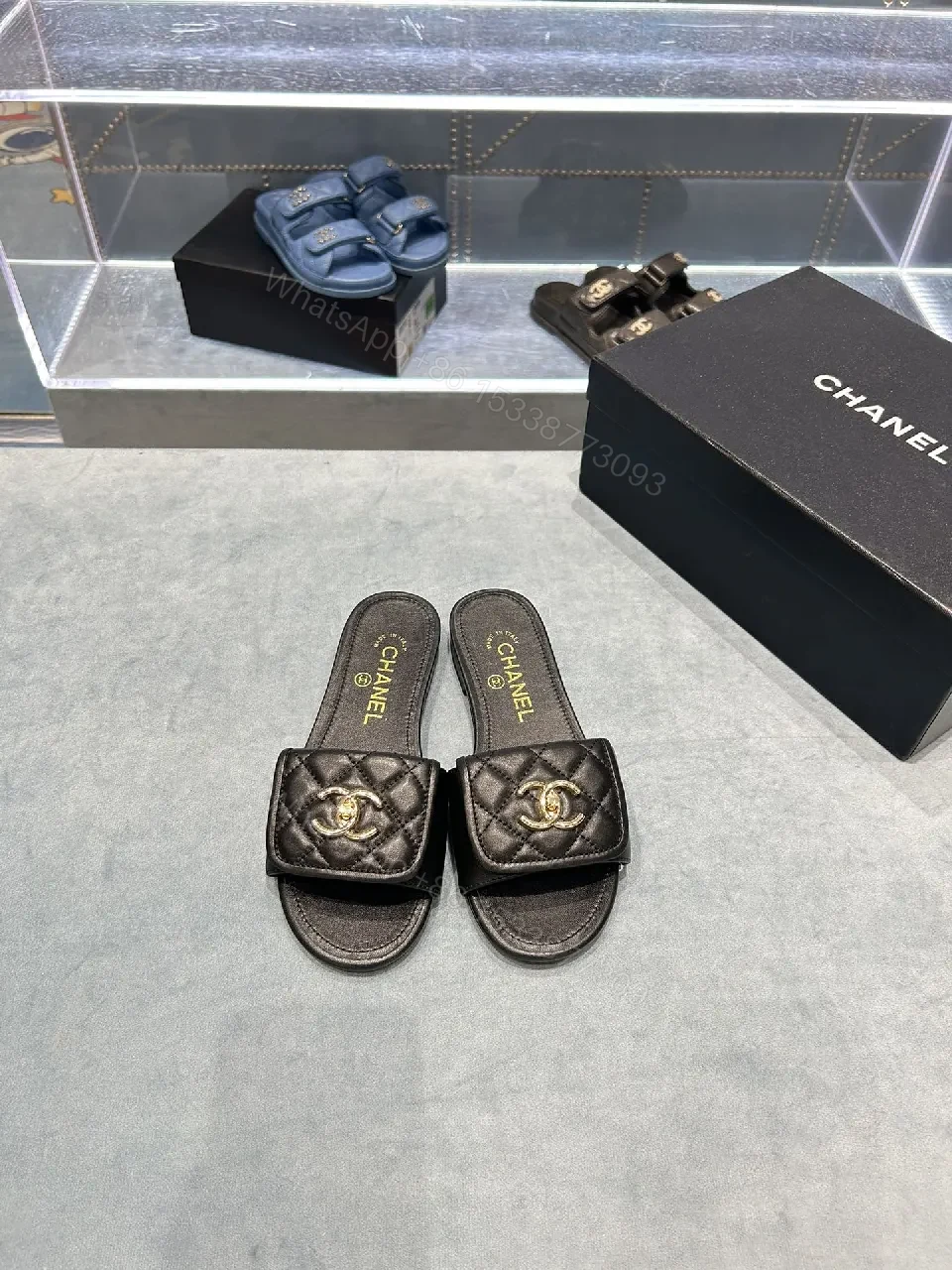 View 3 of Quilted Leather Slides - Luxury Comfort, Gold Logo Detail