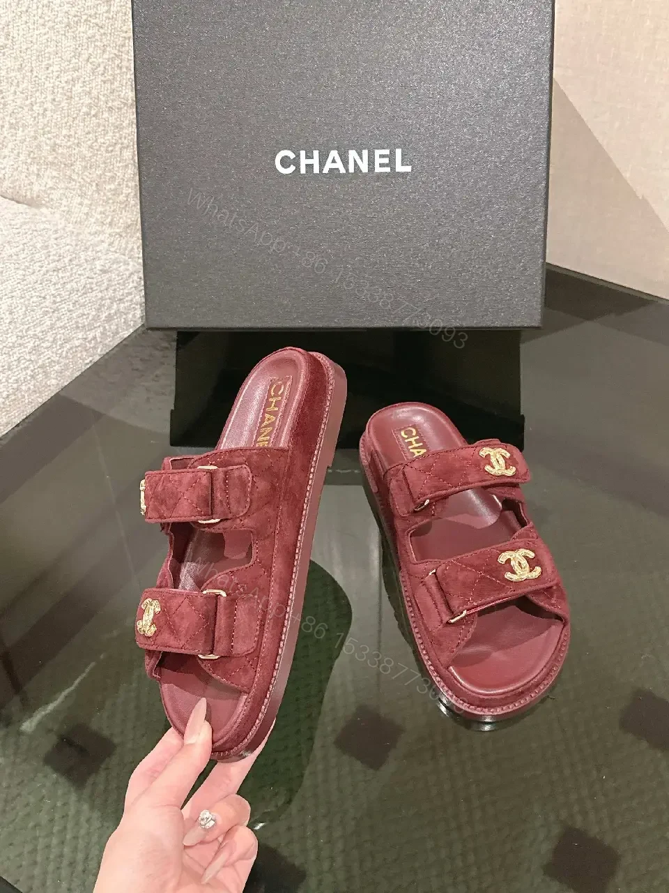 View 3 of Velvet Burgundy Slide Sandals – Luxe Comfort, Gold Hardware