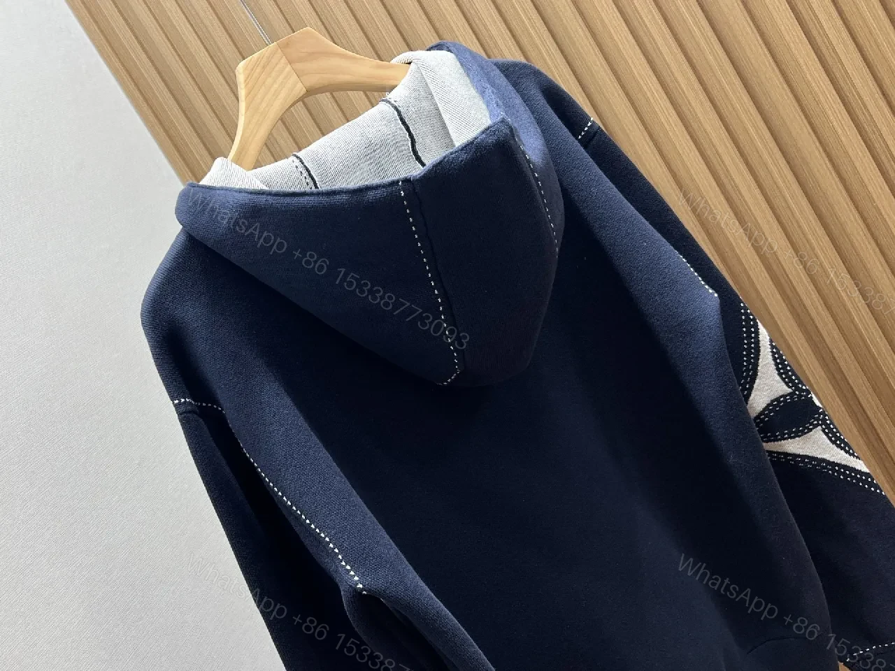 View 6 of Navy Denim Hoodie Jacket with LV Embroidery – Modern Luxe Outerwear