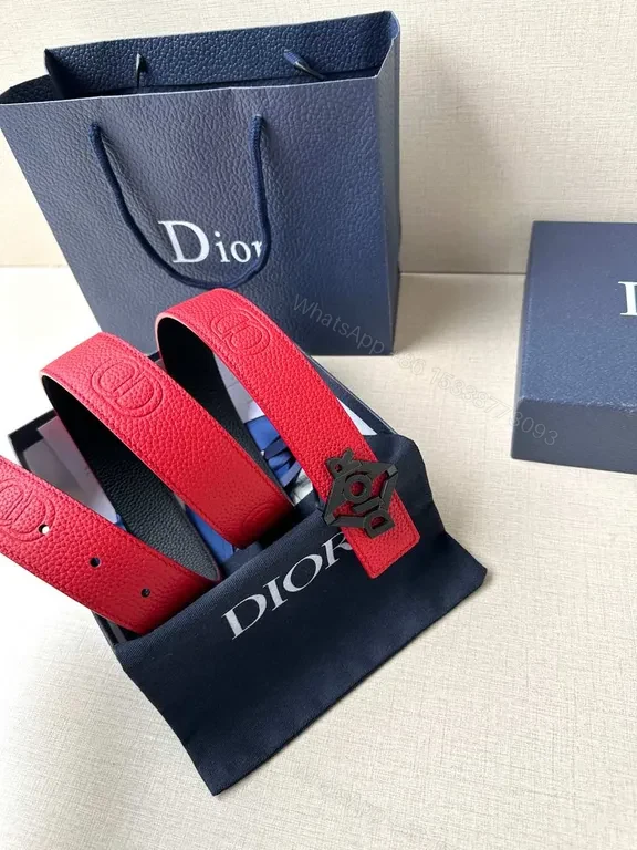 View 3 of Bold Red Leather Belt with Dior Logo Buckle - Statement Luxury Belt