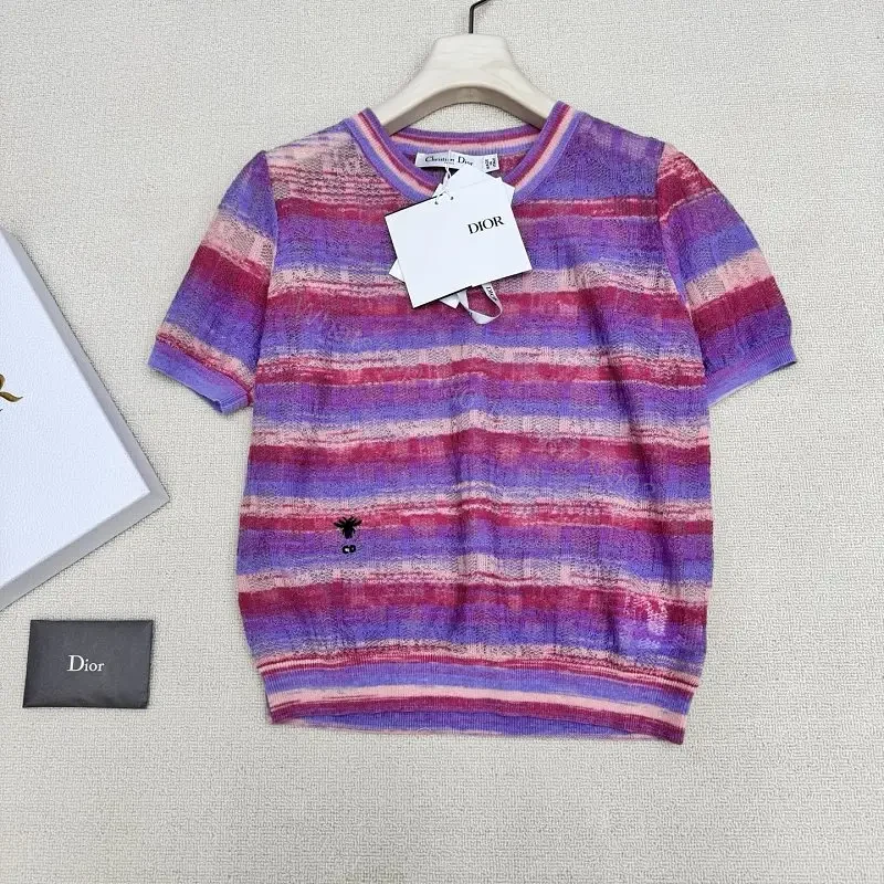 Purple Knit Striped Short Sleeve Fashion Tee with Tie-Dye Style Product Type: Dior-inspired Knitwear — view 1