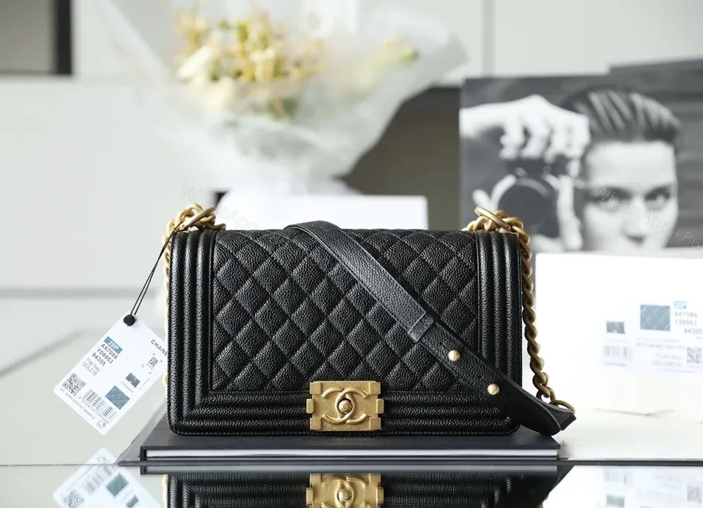 Chanel-Style Quilted Leather Crossbody, Black & Gold Hardware — view 1