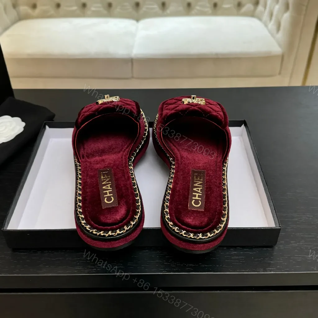 View 6 of Deep Wine Velvet Mules with Gold Chain Trim Slides