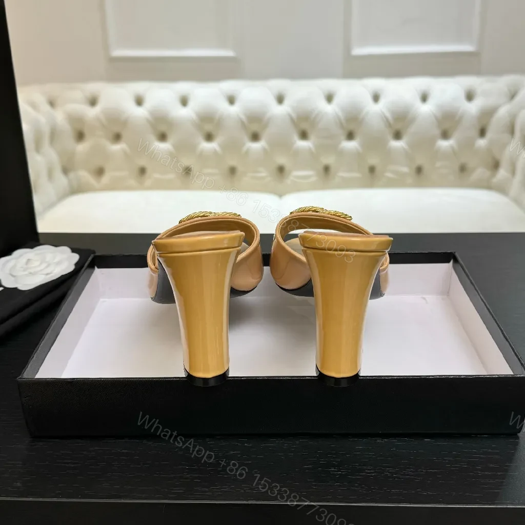 View 6 of Satin Mules: Nude-Toned, Gold-Emblem, Block Heel, Luxe Comfort