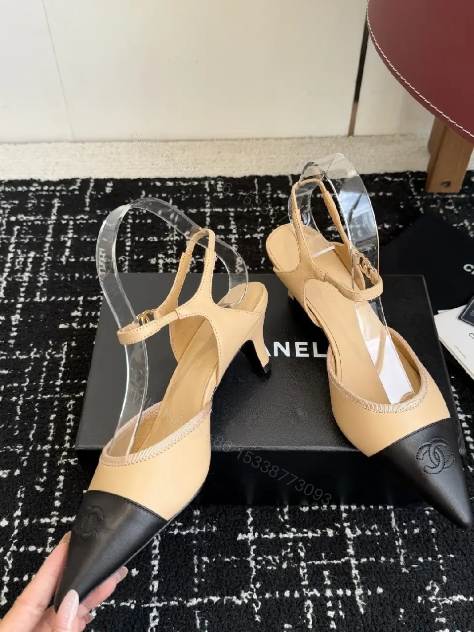 View 9 of Beige & Black Two-Tone Leather Slingback Pump with Chanel Logo