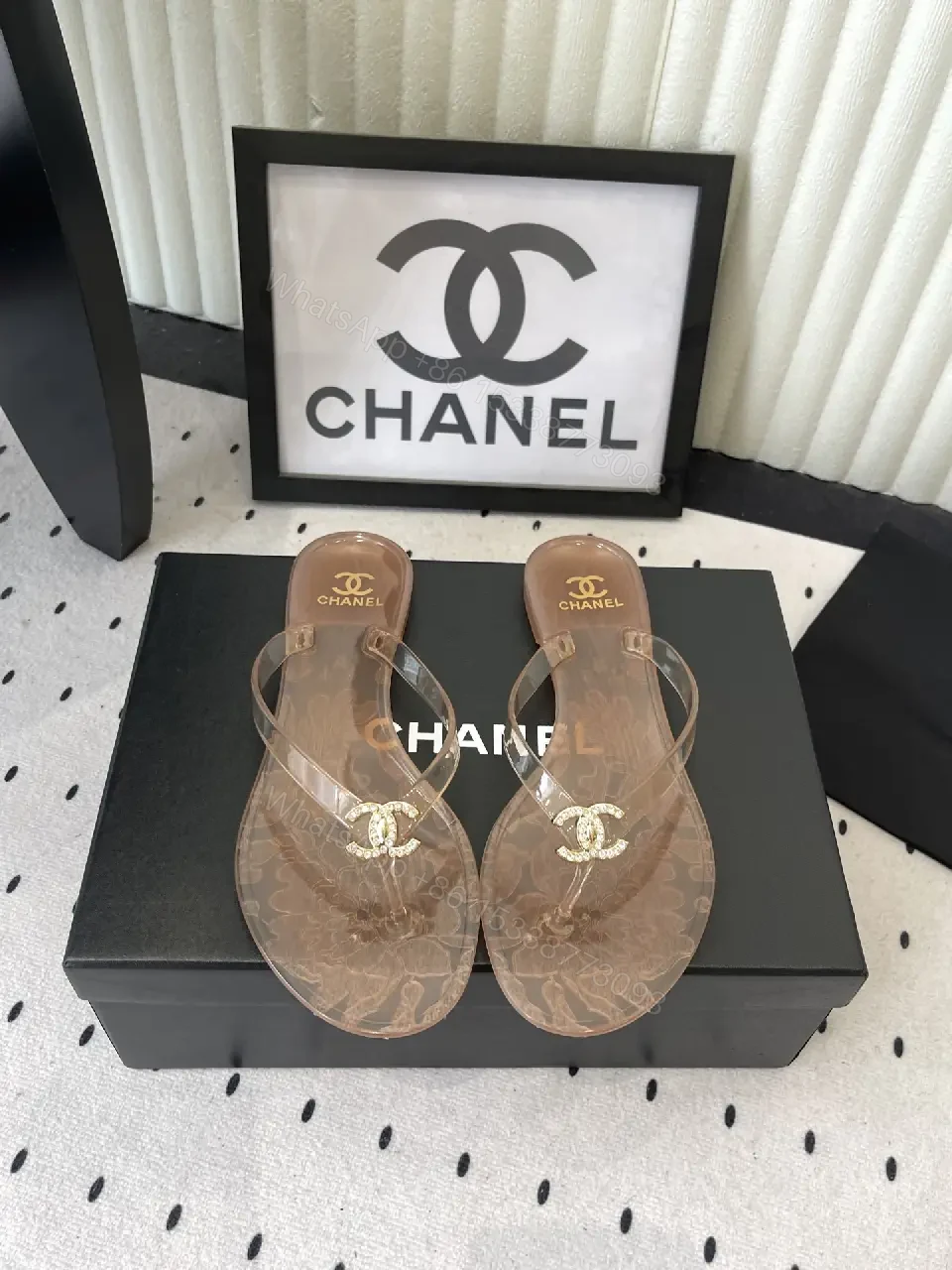 View 9 of Beige Leather Chanel Logo Flip-Flops Sandals