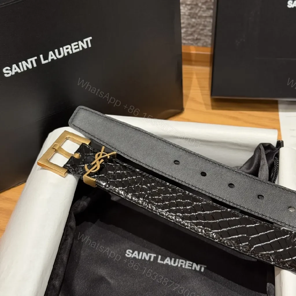 View 3 of Croc-Texture Black Belt with Gold Buckle – Modern Luxury Belt