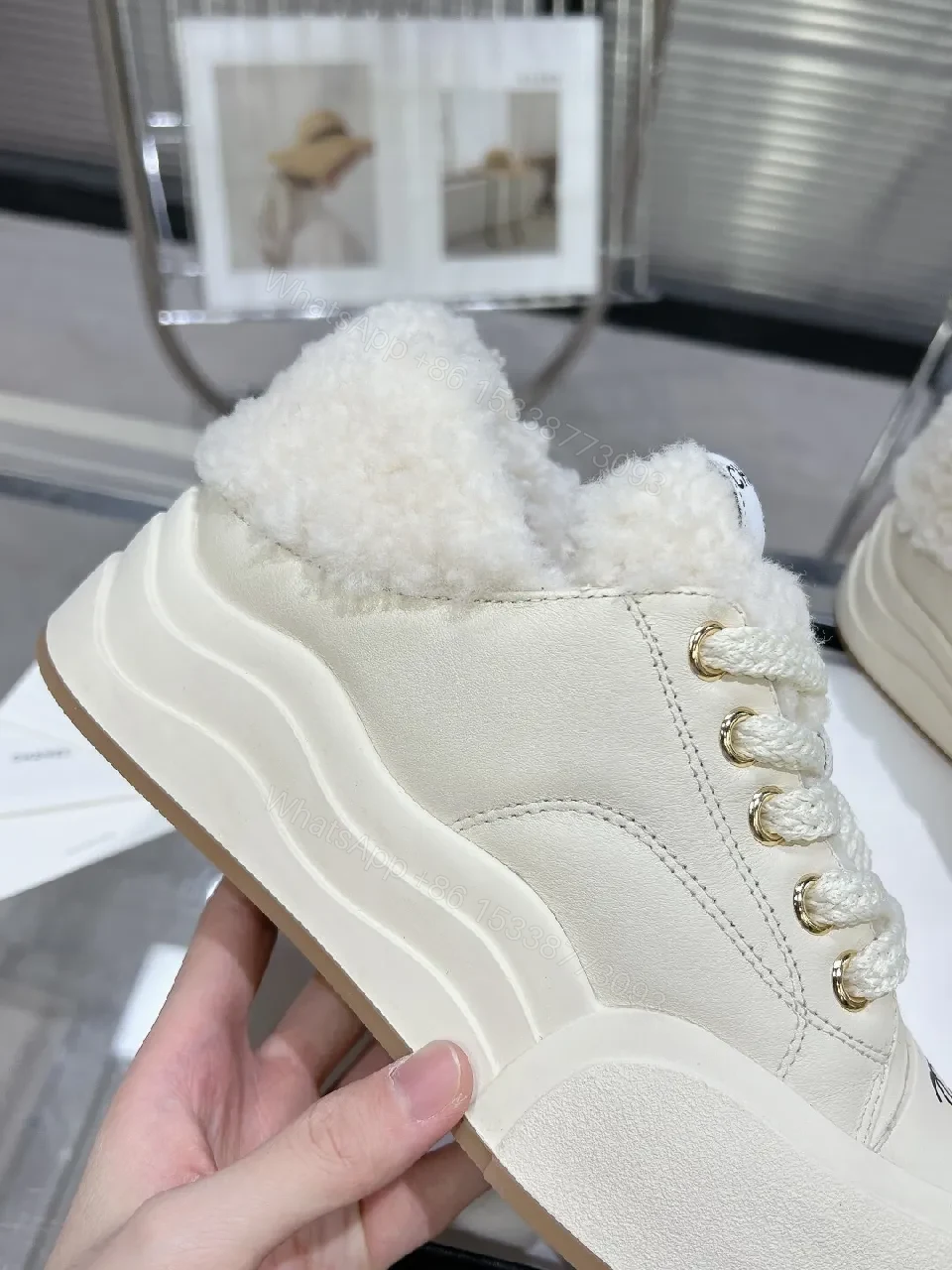View 3 of Ivory Faux Shearling High-Tops: Luxury Street-Style Sneaker