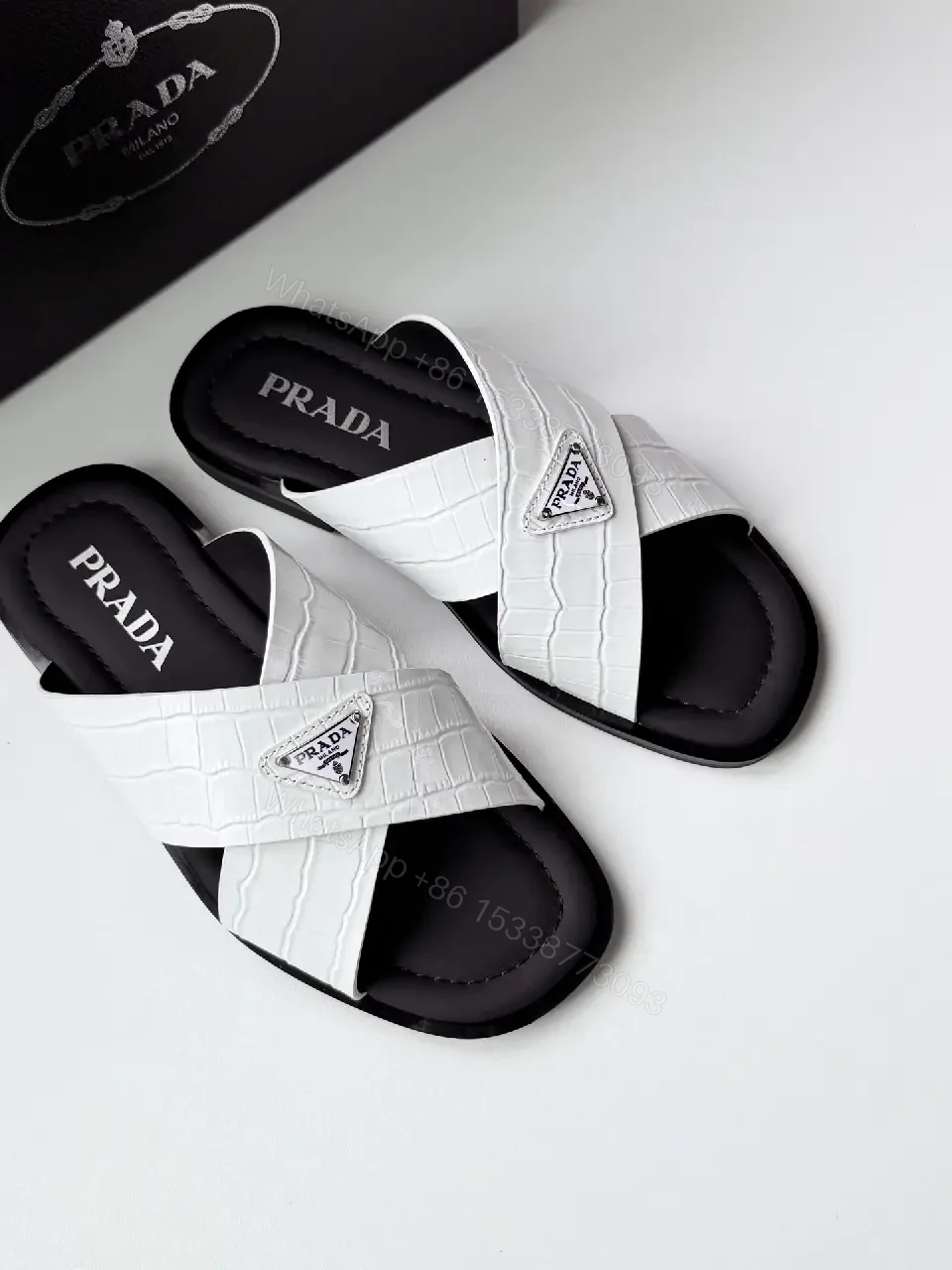 View 6 of White Crocodile-Texture Prada Slides Classic Casual Sandals